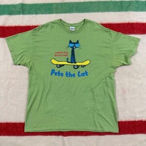 Pete the Cat Skateboard Read to Live T-Shirt Mens XL Green Y2K Gildan Tee